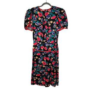Flora Kung 10 Vintage 80's Floral SILK Peplum Dress Tulip Puff Sleeve Black Pink